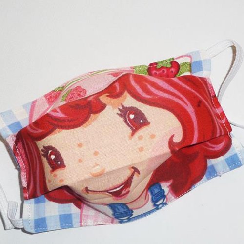 Masque de protection en tissu lavable et réutilisable réversible pour enfant - charlotte aux fraises - masque aux normes afnor