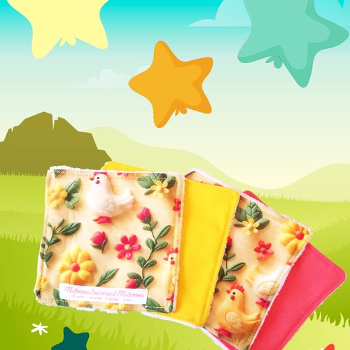 Grandes lingettes lavables la ferme effet 3d (lot de 4) - tampons démaquillants écologiques - papier hygiénique lavable - lingette bébé