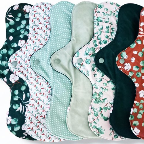 Pack nuit - 7 serviettes hygiéniques lavables eucalyptus (xl / nuit) - serviettes menstruelles lavables