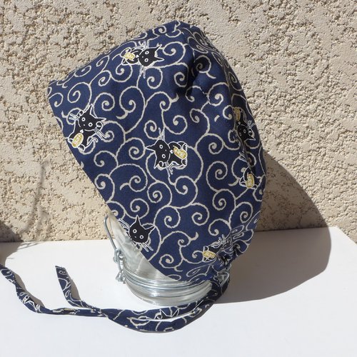 Calot chirurgical, chapeau de bloc en tissu coton motif japonais " maneki neko", fond bleu marine