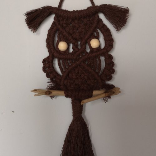 Panneau, suspension, hibou en macramé chocolat