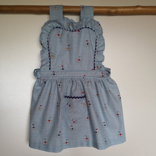 Ensemble robe bleue ciel, béguin et culotte bouffante, cadeau naissance 6 -9 mois