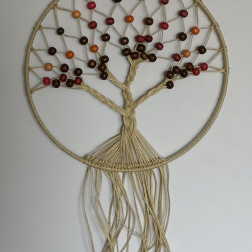 Panneau, suspension, arbre de vie macramé fil de chanvre et perles