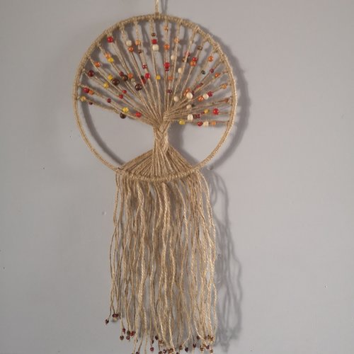 Panneau, suspension, arbre de vie macramé fil de chanvre et perles