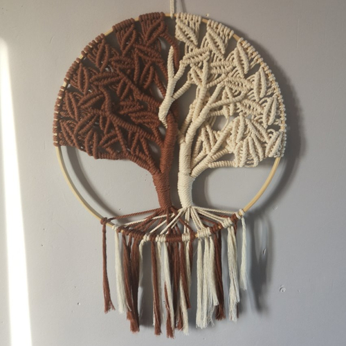 Panneau, suspension, arbre de vie, macramé marron et blanc, 30 cm, attrape rêve