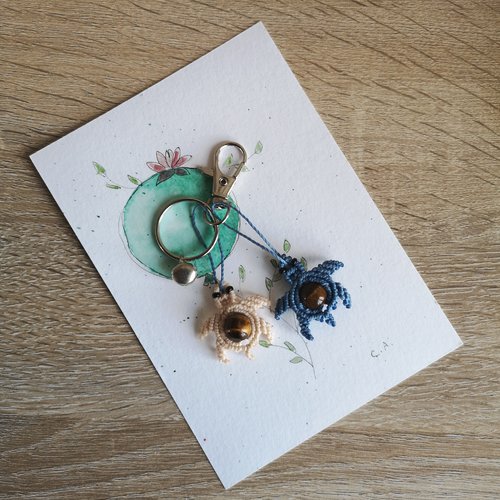 Porte clefs tortues, œil de tigre, bijou de sac, en micro macramé