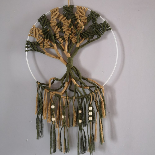 Panneau, suspension, arbre de vie, macramé vert et ocre, 30 cm, attrape rêve