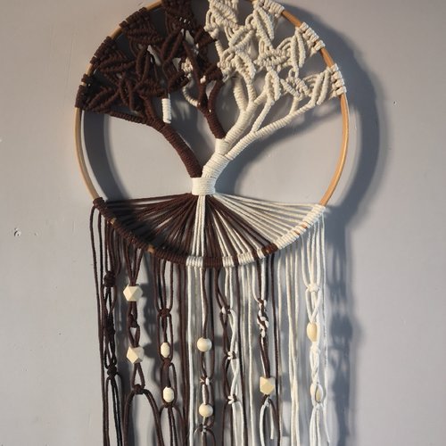 Panneau, suspension, attrape rêve, arbre de vie à 2 couleurs en macramé, 35 cm