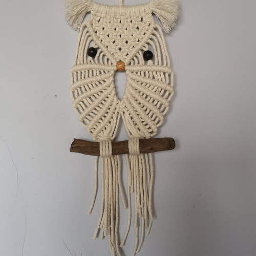 Panneau, suspension, hibou en macramé blanc