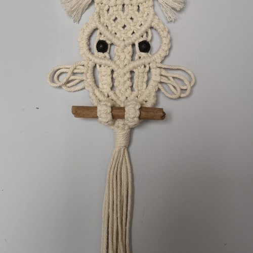 Panneau, suspension, hibou en macramé blanc