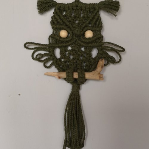 Panneau, suspension, hibou en macramé vert