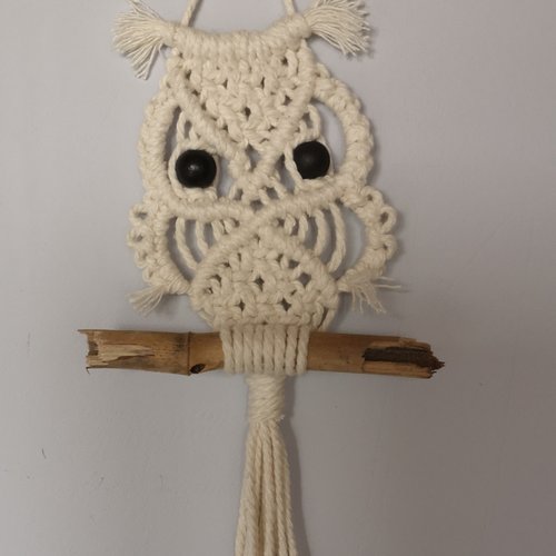 Panneau, suspension, hibou en macramé gris ou blanc