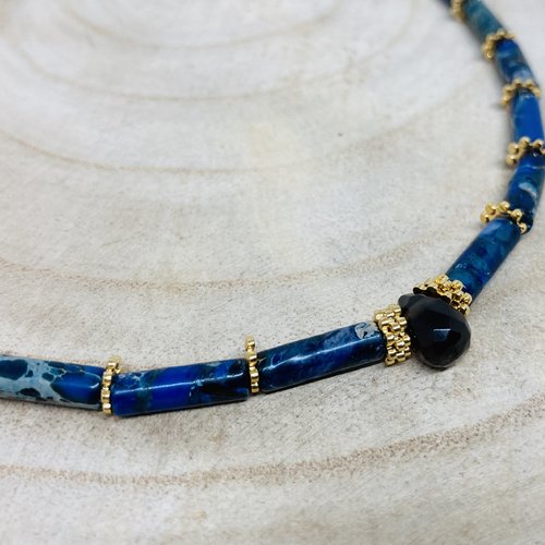 Collier ras du cou lapis-lazuli et quartz fumé