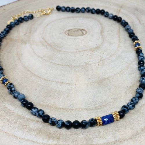 Collier ras du cou lapis-lazuli et obsidienne