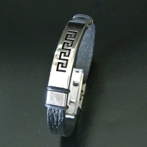 Bracelet homme cuir noir et acier, motifs géométrique, fermoir acier