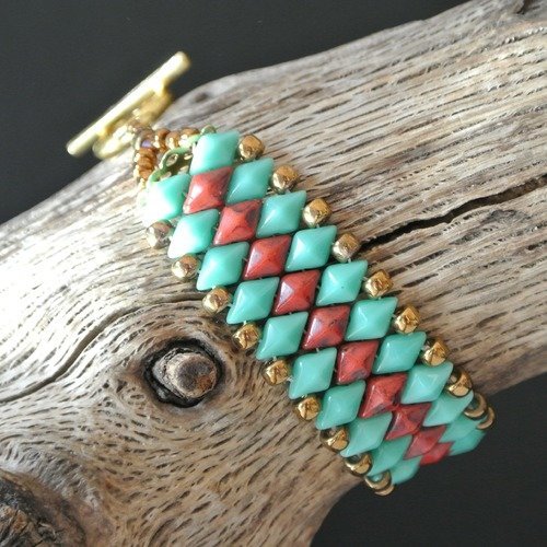 Bracelet manchette 18 cm perles tchèques diamonduo corail et vert turquoise clair