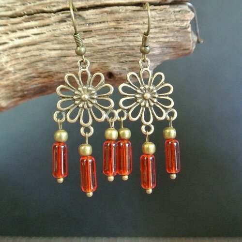 Boucles d'oreilles perles tubes verre rouge vermillon sur support fleur marguerite métal bronze 