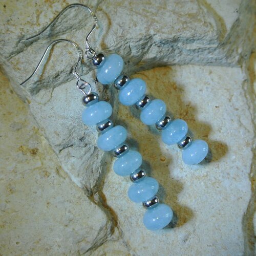 Boucles d'oreilles argent et pierres fines aigue-marine bleu pâle, perles métal argenté rondelles, 