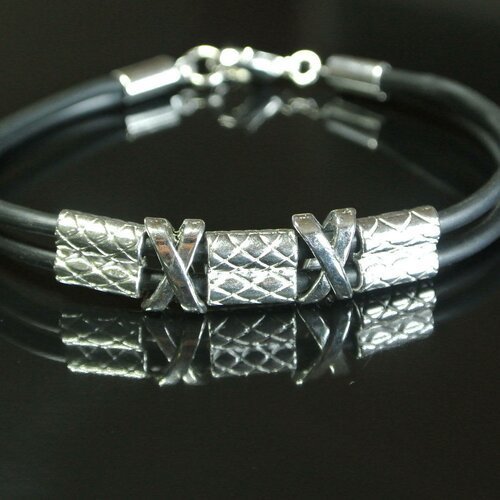 Bracelet 18,3 mm perles double tubes et perles en x argentées sur 2 cordons buna cord noirs, mousqueton