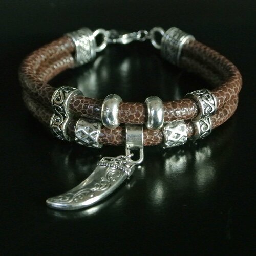 Bracelet homme 20 cm double cordon synthétique marron et perles argentées griffe, fermoir mousqueton acier
