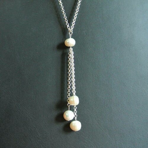 Collier 46 cm 3 pendants perles d'eau douce, chaîne maille ronde argentée