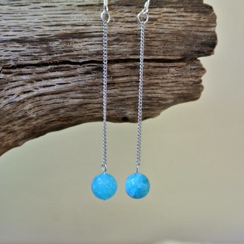 Boucles d'oreilles perle amazonite bleue sur très fine chaîne métal argenté, crochet en argent 925