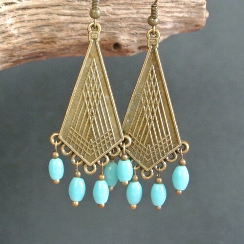 Boucles d'oreilles support art déco bronze losange, perles verre olive bleu turquoise