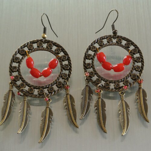 Boucles d'oreilles attrape-rêves anneau double à fleurs et petites plumes en métal couleur bronze, perles en verre tomate, crochet 