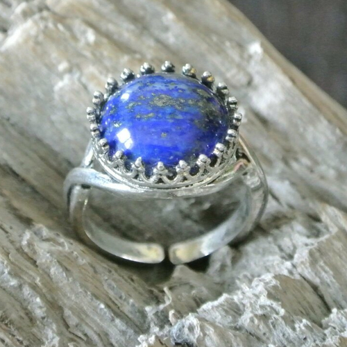 Bague ajustable cabochon rond 14 mm en lapis lazuli bleu sur support métal argent antique, taille 58 mm (taille us 8 1/4)