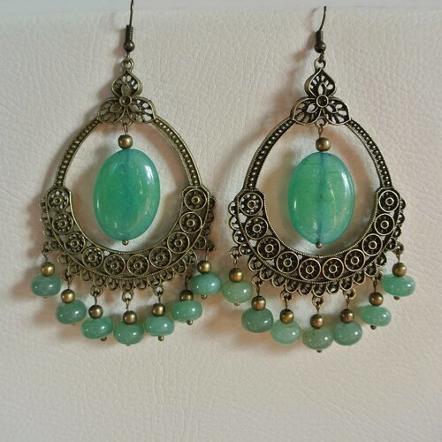 Boucles d'oreilles perles agate verte et aventurine sur grand connecteur bronze 7 trous, crochet métal bronze