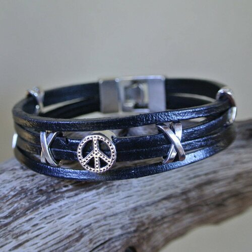 Bracelet homme 20,5 cm 4 brins de cuir noir, perles en x et motif peace, fermoir à crochet métal argenté