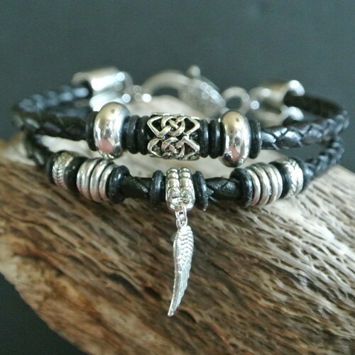 Bracelet homme 20,5 cm perles et aile métal argent, 2 brins de cuir noir tressé 4 mm, mousqueton