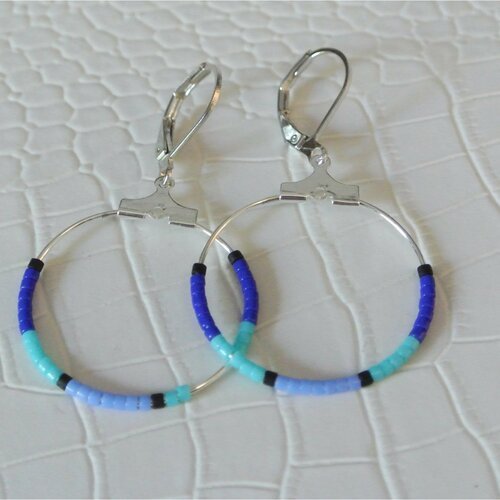 Boucles D'oreilles Créoles Fait Main - Perles Bleues Transparentes - Acier Inoxydable - 4 Cm