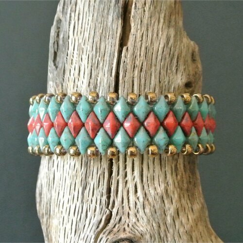 Bracelet manchette femme 18 cm tissage 19 mm  perles tchèques losange rouge corail vert turquoise foncé