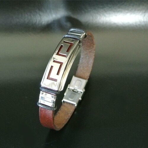 Bracelet homme cuir marron et acier, perle tube courbe à motifs géométriques, fermoir acier
