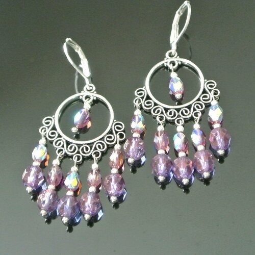 Boucles d'oreilles perles verre lavande-bronze et mauve-violet ab sur un support argenté, dormeuses argentées