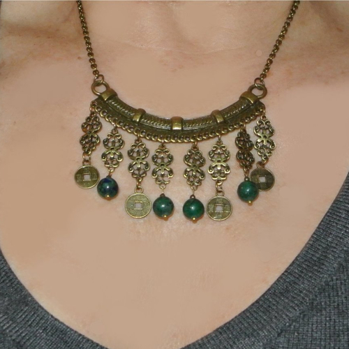 Collier boho ras du cou 44 cm pendants bronze et perles agate sur support métal ton bronze