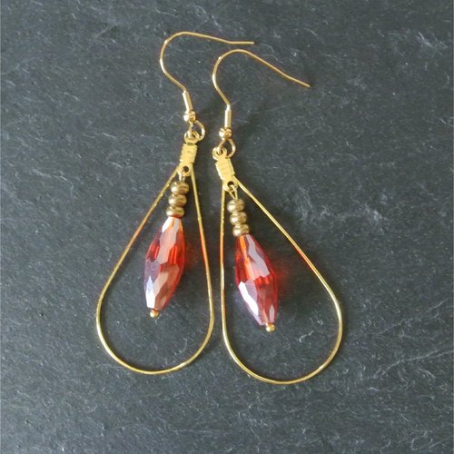 Boucles d’oreilles perles en verre orange olive dans breloque forme goutte, crochets hameçons en acier