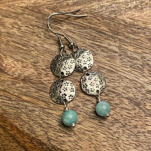 Boucles d’oreilles 2 sequins métal ton argent sur perle amazonite 6 mm, crochets hameçons en acier inoxydable