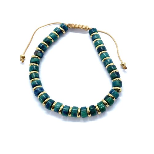 Bracelet femme réglable malachite palets 6 mm verts alternant avec de fins palets dorés sur cordon tressé coulissant réglable