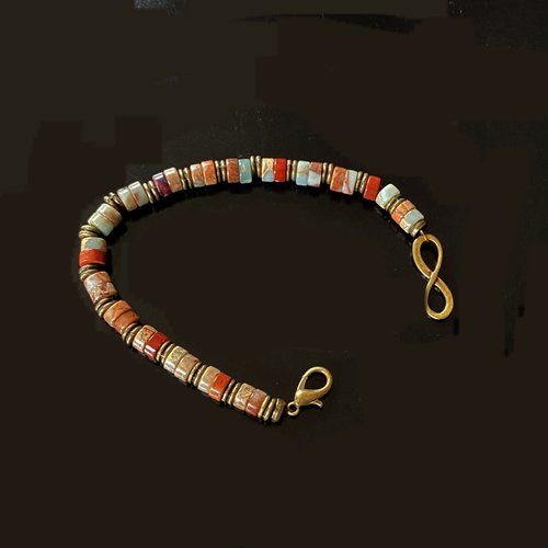 Bracelet mixte 21 cm paletsen pierre tons vert pâle et terrecota intercalés de perles bronze sur câble acier, mousqueton bronze