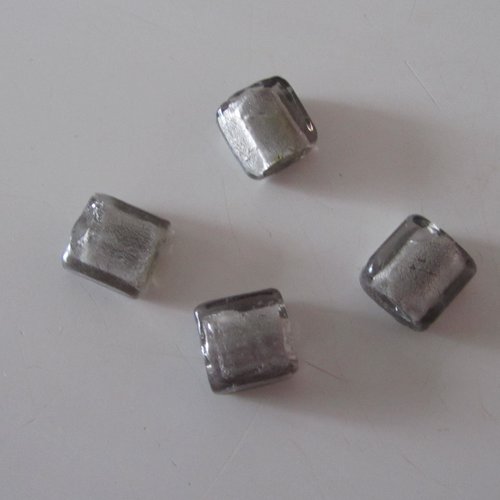 Lot de 4 perles de verre de forme carré, de couleur grise - couleur métallisée à l'intérieur