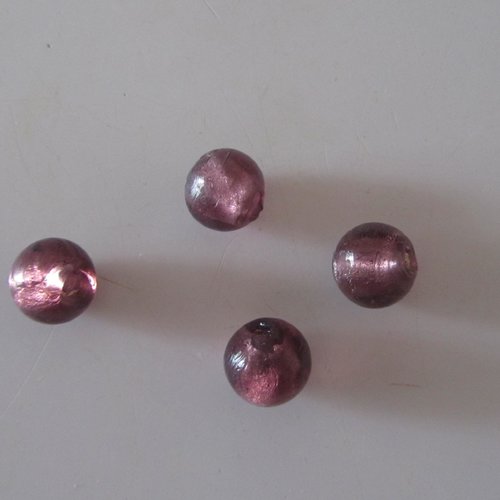 Lot de 4 perles rondes en verre de couleur prune légèrement métallisées intérieur