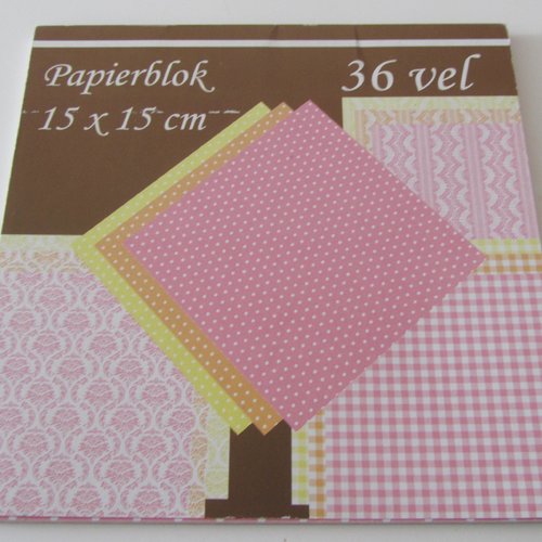 Bloc d'un assortiment de 36 feuilles de papier - 15 cm x 15 cm - tons rose et jaune