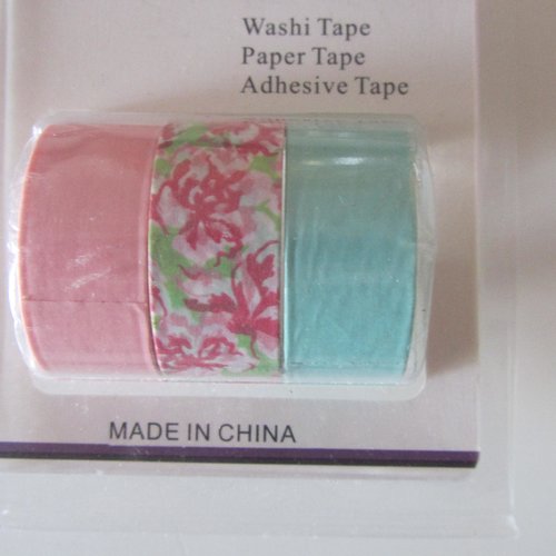 Lot de 3 rouleaux de 3 mètres de masking tape - washi tape - de couleur rose, fleuri et vert
