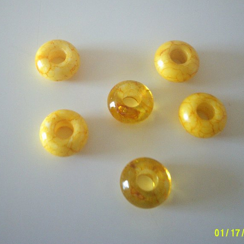 Lot de 6 grosses perles en forme de donuts de couleur jaune