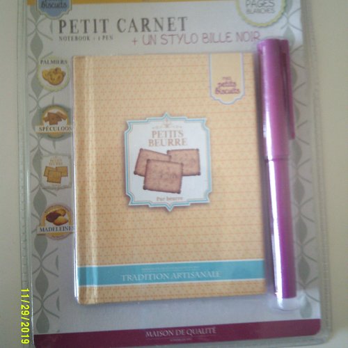Carnet  + stylo bille noir - mes petits biscuits - "petits beurre"