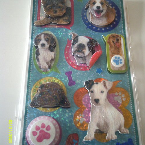 Pochette de stickers 3d à paillettes - thème chiens - 76 x 120 mm