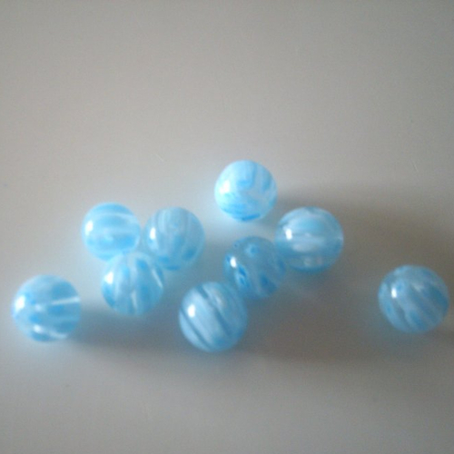 Lot de 9 perles en verre rondes de couleur bleue - perles rayées