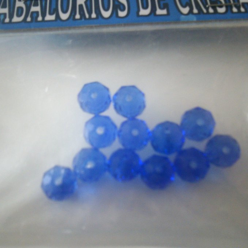 Sachet de 12 perles de cristal - rondes à facettes - couleur bleu dur